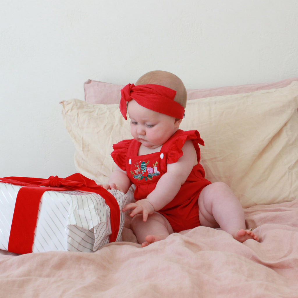 KIDS Red Embroidered Ruffle Overalls