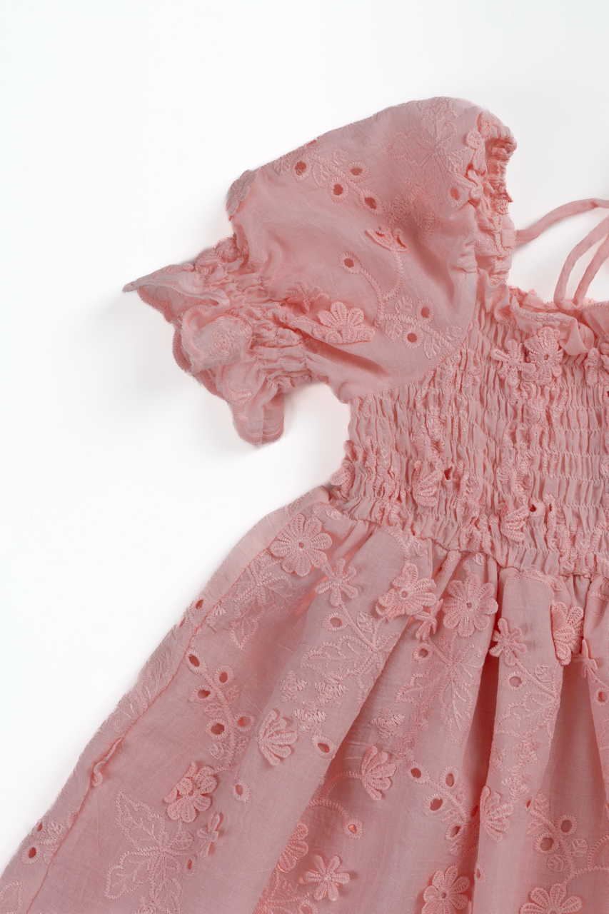 Piper Shirred Borderie Pink Dress