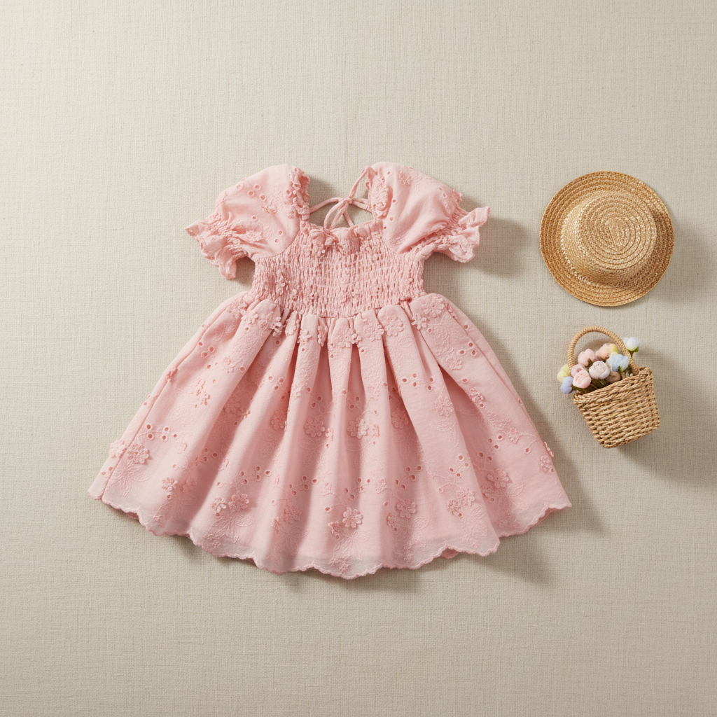 Piper Shirred Borderie Pink Dress